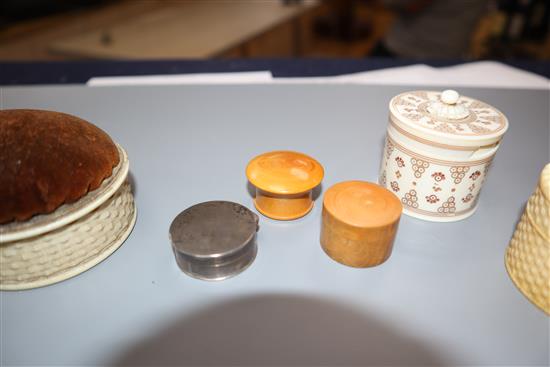 Six 19th / early 20th century ivory drum shaped sewing boxes and three other small boxes,